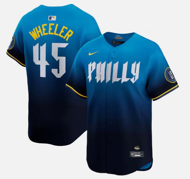 Men's Philadelphia Phillies #45 Zack Wheeler Blue 2024 City Connect Limited Stitched Jersey Men's Philadelphia Phillies #45 Zack Wheeler Blue 2024 City Connect Limited Stitched Jersey